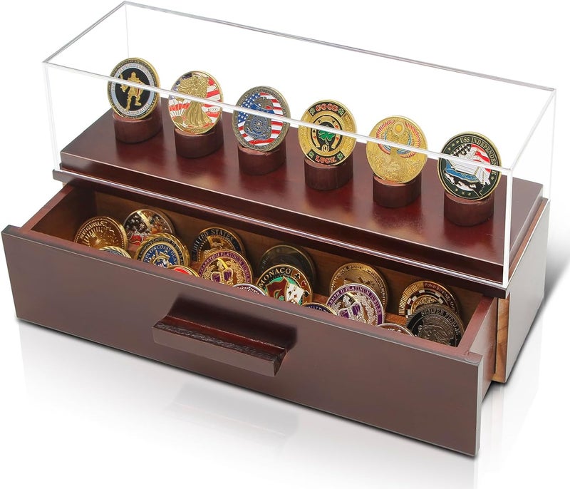 ULTRGEE Challenge Coin Display Case, Military Coin Collection Holder with Wooden Coin Box, Drawers, and Clear Acrylic Lid – Gifts for Coins Collectors (6 Pillars) - Image 1